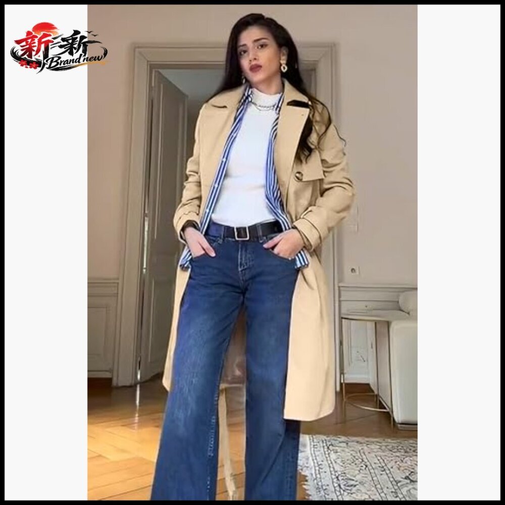 Women's 3/4 Length Double Breasted Trench Coat with Belt - Picture 4 of 7